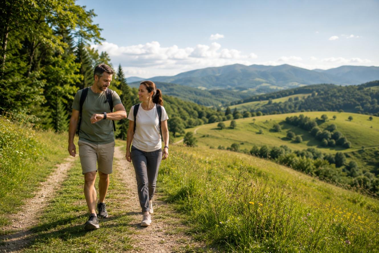 Par hoda planinarskom stazom kroz zelenu prirodu tijekom sunčanog dana.