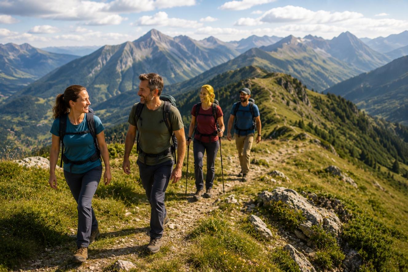 Planinari zajedno hodaju planinskom stazom i uživaju u prirodi, kretanju i zajedničkom iskustvu.
