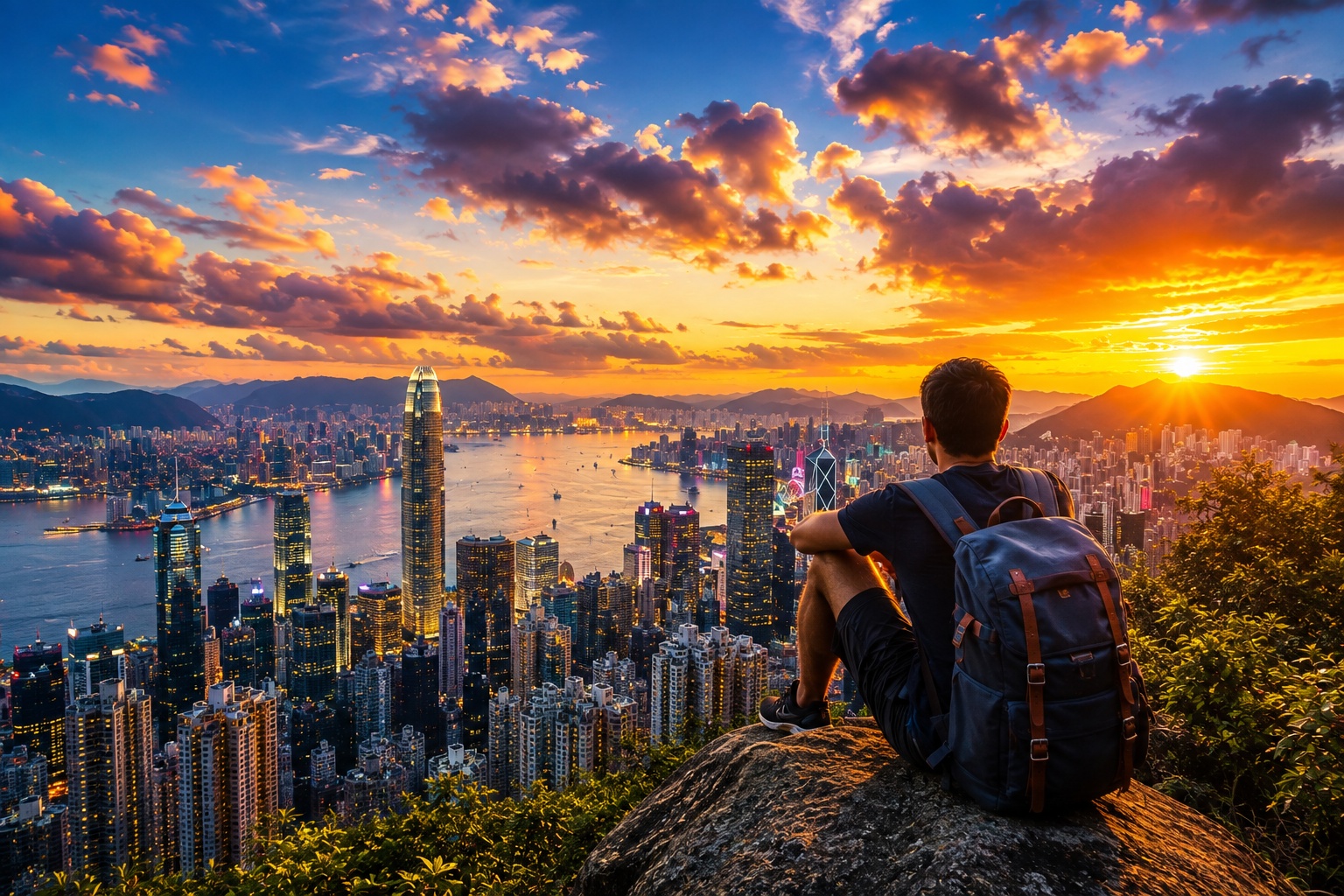Planinar na vidikovcu iznad Hong Konga s pogledom na Victoria Harbour i panoramu grada