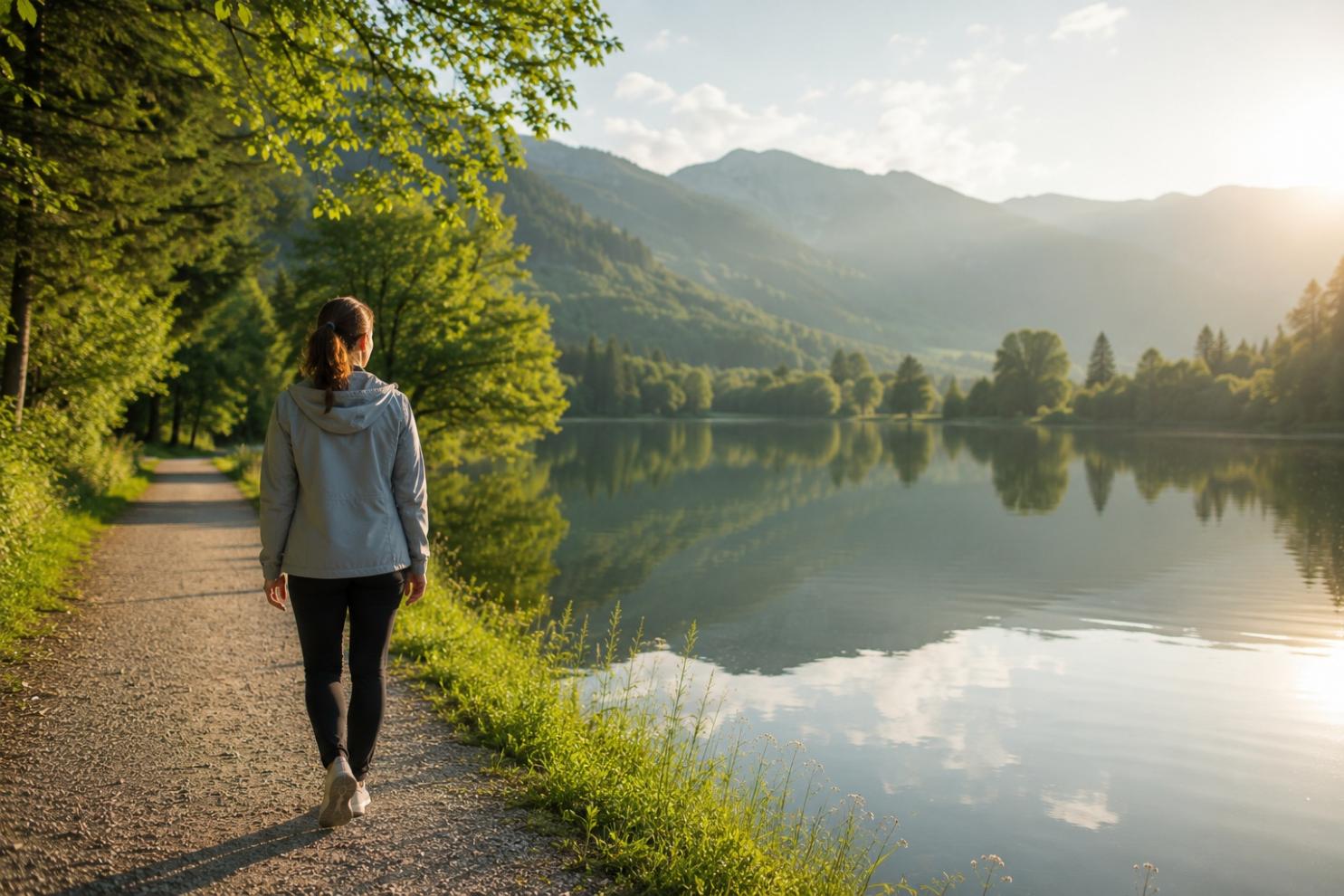 Žena hoda uz vodu u prirodi, okružena zelenilom koje pruža prostor za odmor i odmak od svakodnevnog stresa.