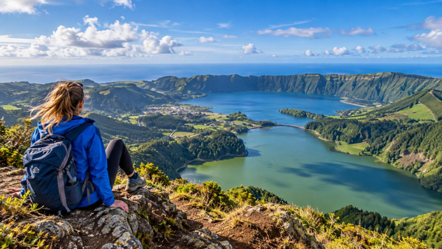 Planinarka na vidikovcu iznad vulkanskih jezera Sete Cidades na Azorima.