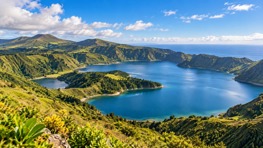 Panoramski pogled na vulkansko jezero Lagoa do Fogo na Azorima, okruženo zelenim planinama.