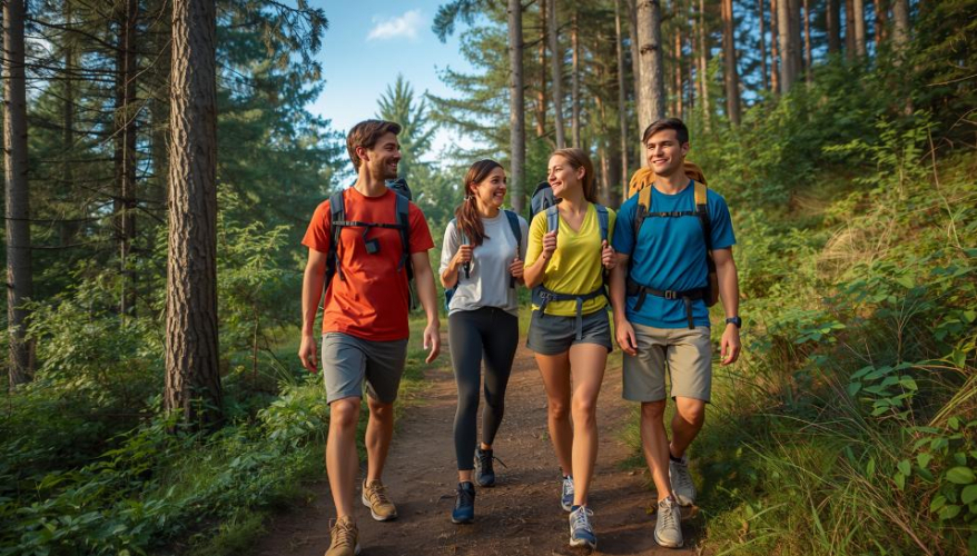 Grupa mladih u 20-im godinama hoda šumskom stazom tijekom organiziranog solo izleta i međusobno razgovara