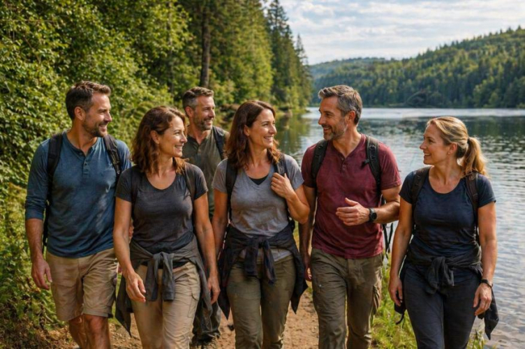 Grupa solo ljudi u 40-im godinama hoda uz jezero i razgovara tijekom organiziranog izleta u prirodi