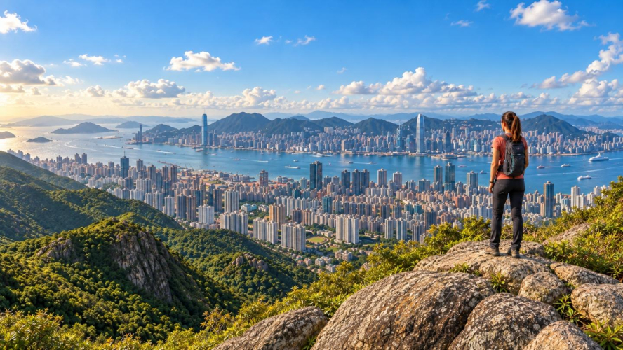 Planinarenje u Hong Kongu – planinarka promatra grad s brda iznad grada i mora