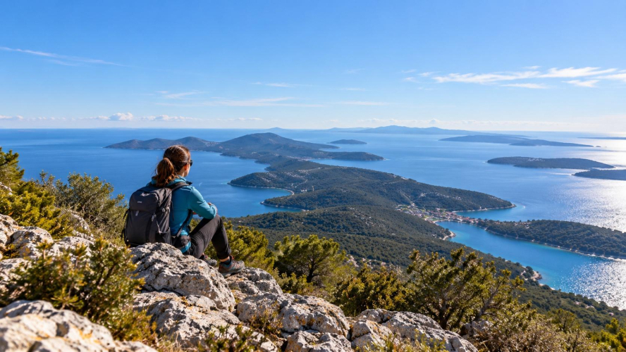 Planinar na vidikovcu Sv. Nikola na Lošinju s panoramskim pogledom na Jadransko more i okolne otoke.